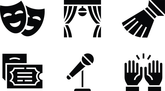 Theater and entertainment icons featuring comedy masks, stage curtains, spotlight, tickets, microphone, and applauding hands for events and standup
