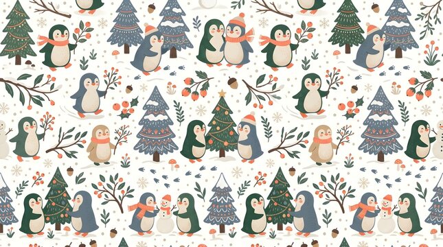 Decorative penguin seamless pattern featuring winter forest elements with cozy folk inspired vector illustration style beautifully.