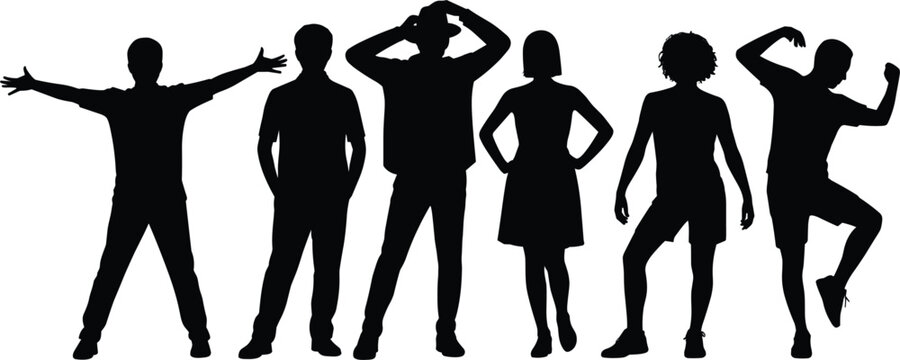 People silhouettes vector set, diverse crowd characters dancing and posing elements isolated graphic design illustration