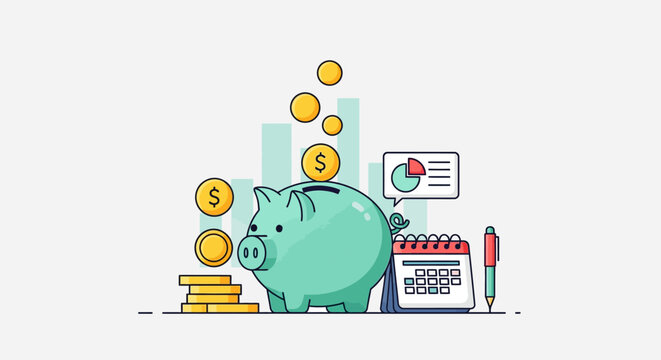 A piggy bank saves money with coins and a calculator nearby indoors