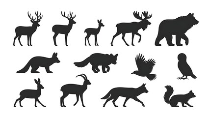 Fototapeta premium Silhouettes of woodland animals isolated on white background. Deer, doe, favn, moose, bear, fox, hare, owl, bird of prey, chamois, wolf, squirrel.