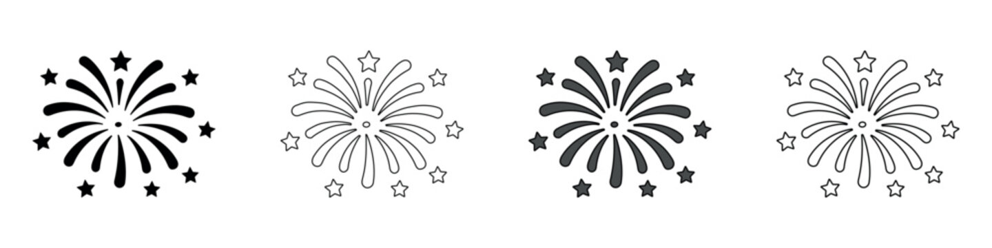 Set of four stylized fireworks icons in different graphic styles