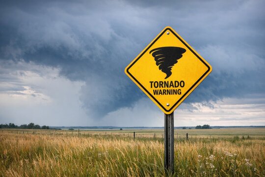 A yellow tornado warning sign stands tall in a green field