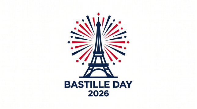 Bastille Day 2026 celebratory logo, Eiffel Tower silhouette with red and blue fireworks, French national holiday graphic on white background
