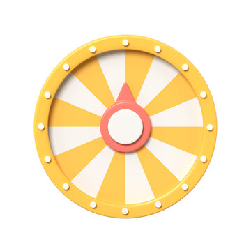 A bright yellow and white prize wheel with a pink pointer featuring a glossy playful and clean aesthetic.3d render