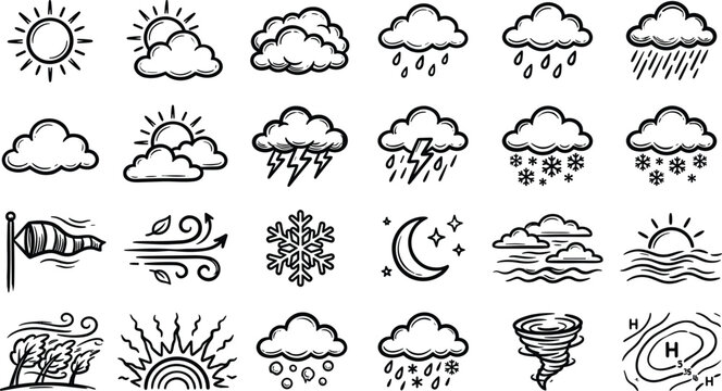 Hand Drawn Weather Forecast Icon Set Featuring Sun Clouds Rain Lightning Snow Wind Tornado and Meteorology Climate Symbols