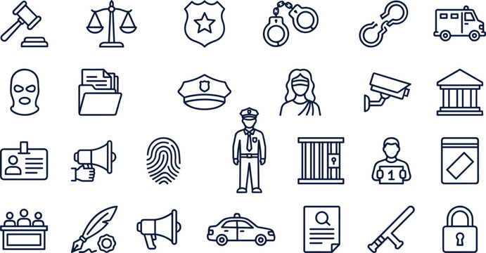 Law Enforcement Justice and Crime Line Icon Set Featuring Police Officer Handcuffs Gavel Courthouse Prison Bars and Forensic Investigation Symbols
