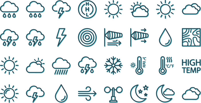 Weather Forecast and Meteorology Line Icon Set Featuring Teal Offset Layer With Sun Clouds Rain Lightning and Temperature Symbols