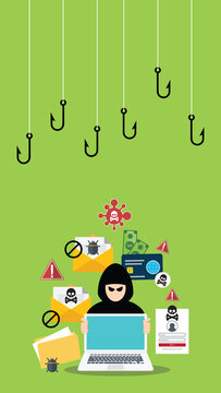 Hacker with laptop computer stealing confidential data, personal information and credit card detail. Hacking concept.