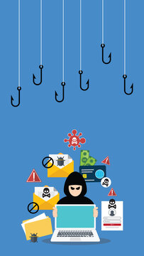 Hacker with laptop computer stealing confidential data, personal information and credit card detail. Hacking concept.