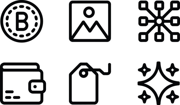 Cryptocurrency and digital asset line icons representing blockchain wallet, nft image, network distribution, token coin and price tag and currency