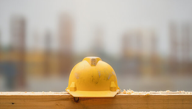 Yellow Hard Hat Resting on Wooden Beam