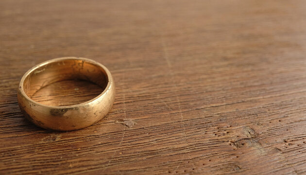 Worn Gold Wedding Ring on Aged Wooden Table
