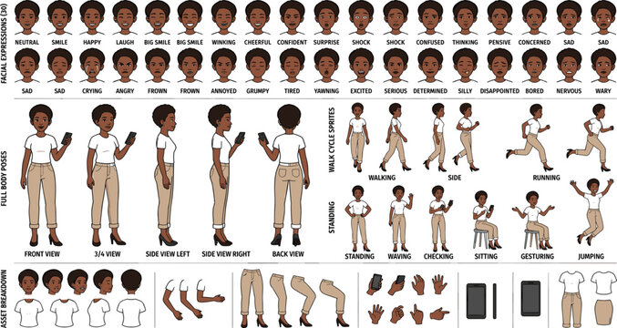 Black woman character animation sprite sheet featuring female casual avatar with thirty facial expressions full body turnarounds walking cycle running poses and construction kit vectors