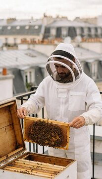 Male Caucasian Beekeeper in White Protective Suit and Veil Lifting Wooden Honeycomb Frame from Beehive on Urban Rooftop Terrace with City Buildings