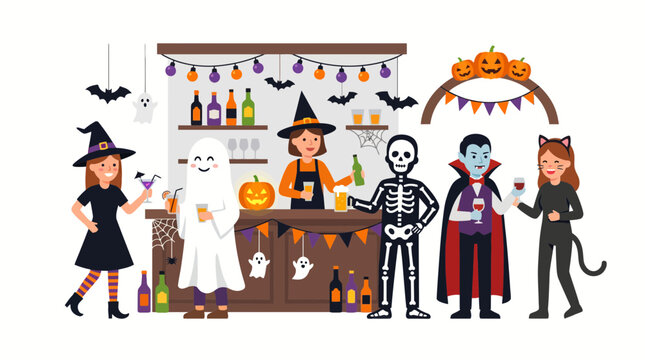 Halloween Party Scene with Costumed Characters and Drinks at a Bar