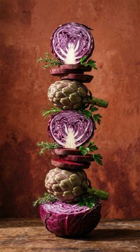 Sculptural Vertical Stack of Halved Red Cabbage Whole Artichokes and Sliced Beetroot Balanced Tower with Fresh Herb Sprigs on Terracotta Background