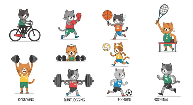 Cute Cartoon Cat Athletes Playing Various Sports Set
