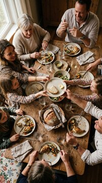Top View of Happy Multigenerational Caucasian Family Sharing Home Cooked Meal Around Rustic Wooden Table Passing Bread Plates and Laughing Together