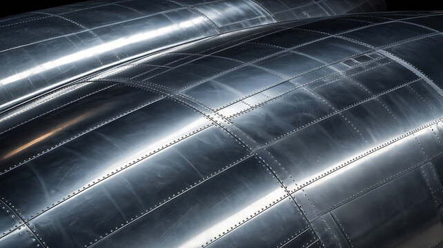 Close-up of metal airplane fuselage panels with rivets, fuselage