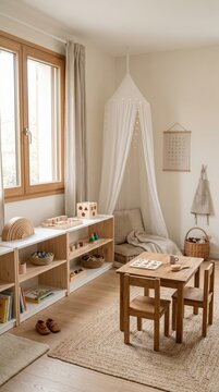 Bright Montessori Style Children's Room with Low Wooden Shelves Toys Canopy Reading Nook Small Table Chairs and Natural Daylight from Window