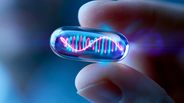Leuchtende DNA-Doppelhelix schwebt zwischen Fingern, futuristisches Biotechnologie-Hologramm