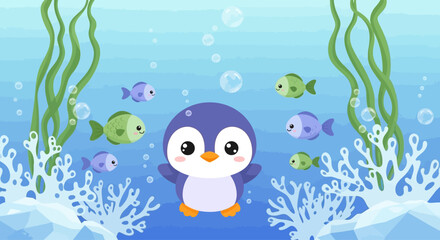 Obraz premium Cute Cartoon Penguin Swimming Underwater with Colorful Fish