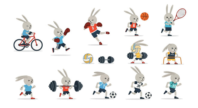 Cute Cartoon Rabbit Athletes Playing Various Sports Set