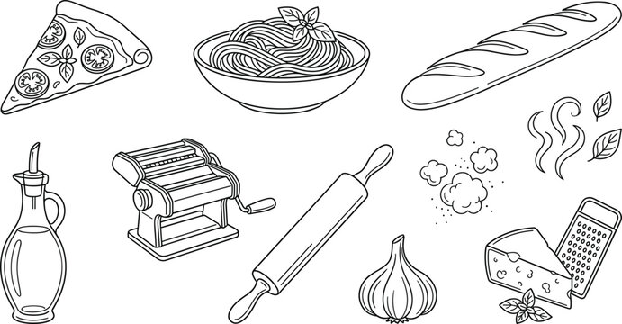 Hand drawn Italian cuisine pasta outline icons set with pizza spaghetti bread oil maker pin garlic cheese