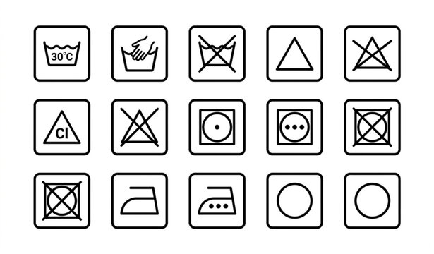 Square button laundry care interface icons vector set black and white garment washing instructions
