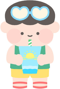 여름 summer 데코 키치 아이콘 하트 선글라스를 쓰고 주스를 마시는 어린이 일러스트 여름 휴가 바캉스 해변 음료 키즈 캐릭터 시원한 음료수 어린아이 아동 여름놀이 귀여운 캐릭터