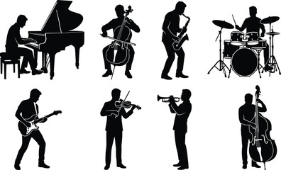 Musician Silhouette Collection Featuring Piano Guitar Violin Saxophone and Drum Players © MstRowshan