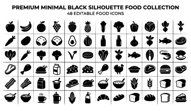 food, silhouette, grocery, fruit, meat, dairy, grains, vegetables, seafood, poultry, bread, pasta, cereal, beverage, dessert, pantry, nutrition, healthy, organic, cooking, restaurant, kitchen, icon, v