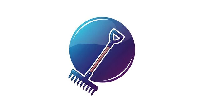 Garden rake icon on glossy blue circle