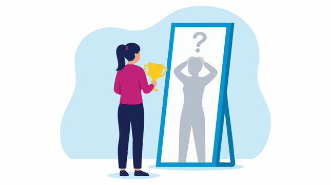 Woman with trophy looks in mirror, reflecting self-doubt and imposter syndrome