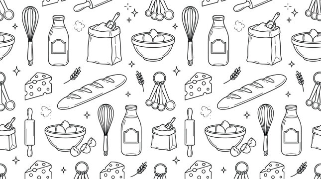Hand drawn baking seamless pattern outline icons set with bread flour whisk milk eggs cheese rolling pin