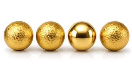 Polished gold sphere among hammered golden balls, metallic textured globes in a row, luxury yellow metal orbs for finance and success concepts isolated on White Background ai