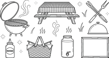 Hand drawn barbecue picnic outline icons set with grill table basket tongs fork mustard dispenser and frame © MstLaky