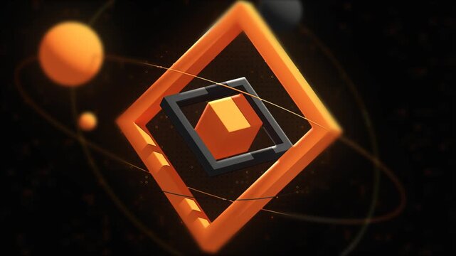 Abstract 3D Geometric Orange Cube Loop Background with Orbiting Spheres
