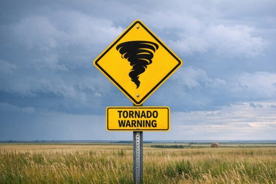 A warning sign indicating a tornado in a rural field, useful for weather or emergency-related projects
