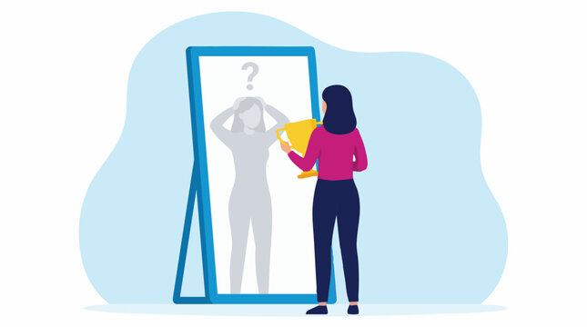 Woman with trophy looks in mirror, reflecting self-doubt and imposter syndrome
