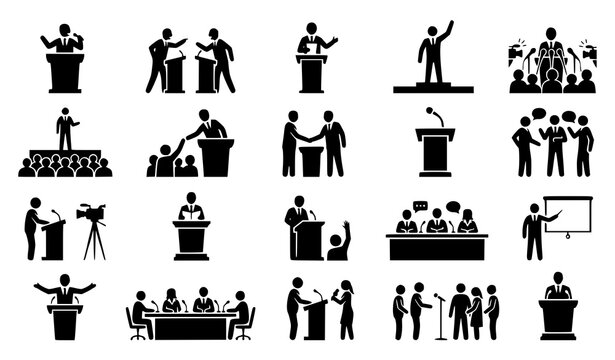 Political Debate Podium Speaker Silhouette Collection Public Speaking Vector Set