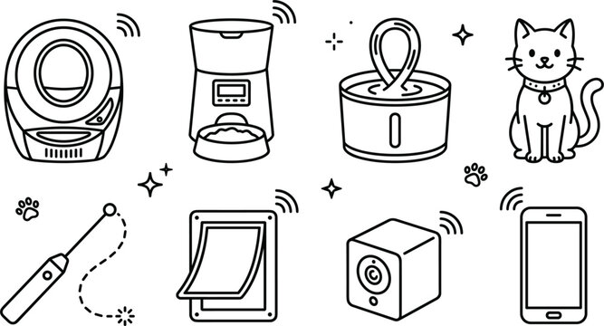 Hand drawn smart pet care outline icons set with cat feeder litter box camera phone door laser