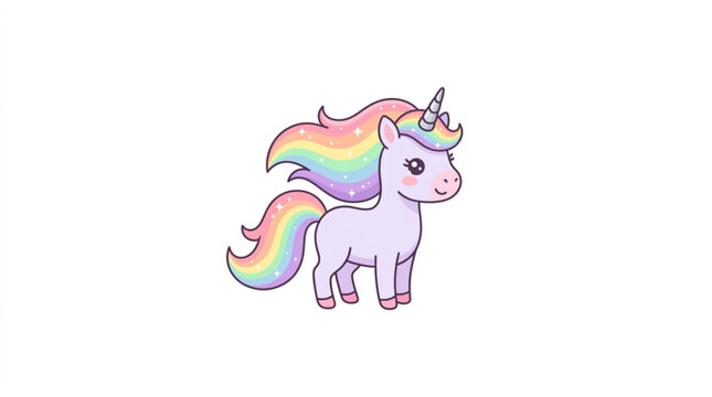 Cute little unicorn character with a vibrant rainbow mane and sparkling details isolated on a clean white background for childrens design projects