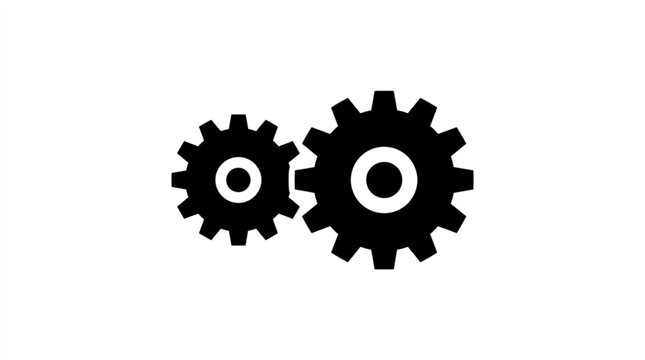Two interlocking gears icon representing industrial cooperation and mechanical efficiency in a minimalist black and white graphic design style layout