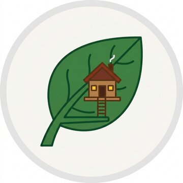 Minimalist illustration of a cozy cabin treehouse perched on a large green leaf symbolizing sustainable living and nature inspired architecture design