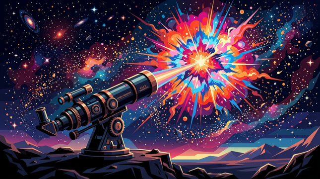 A high tech telescope observes a vibrant colorful supernova explosion in the deep space nebula capturing the vast cosmic wonder of the glowing night sky