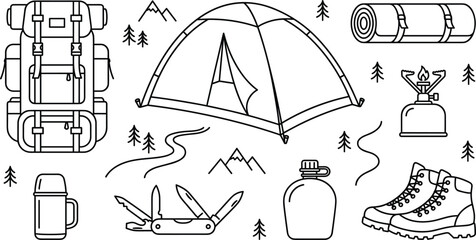 Hand drawn camping adventure outline icons set with tent backpack boots knife mat stove thermos and flask © MstLaky