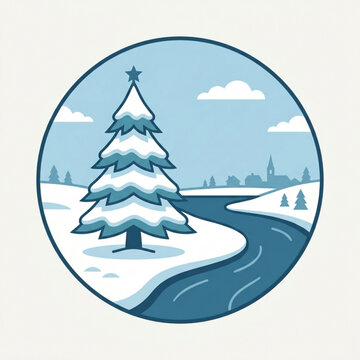 Minimalist winter landscape illustration featuring a snow covered pine tree beside a winding river with a distant village silhouette in a circular frame