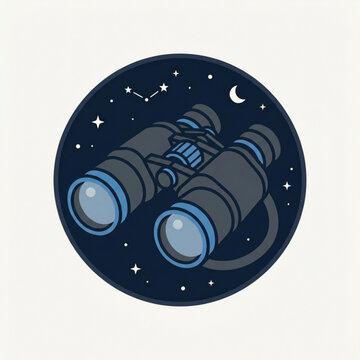 Stylized binoculars icon for stargazing and astronomy exploration in a night sky circle design featuring stars and a crescent moon on a minimalist background